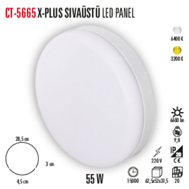 Cata 55W  Sıva Üstü X Plus Yuvarlak Led Panel - 6400K Beyaz