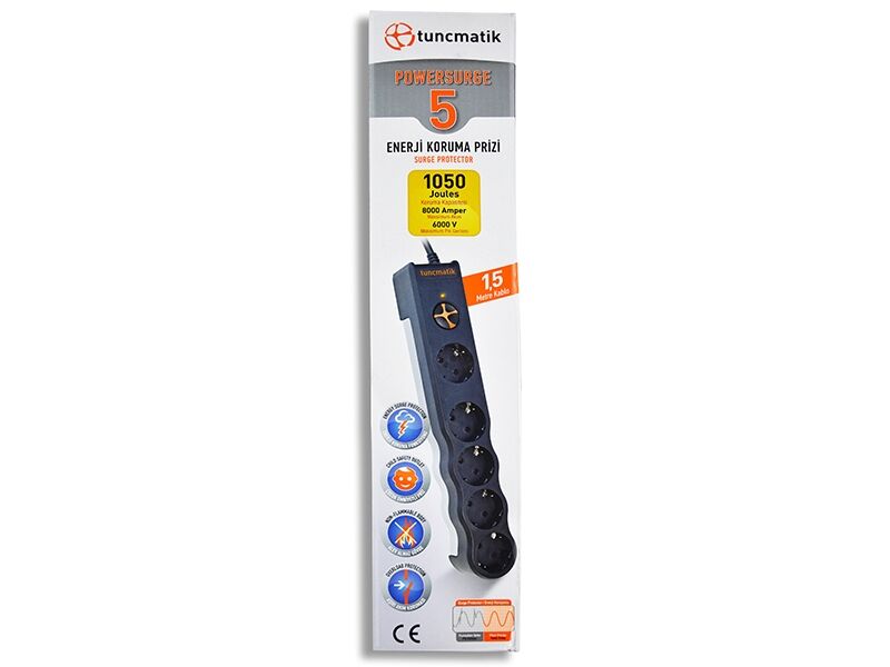 Tunçmatik PowerSurge 5’li Akım Korumalı Priz – 1050 Joule, Siyah, 1.5 Metre