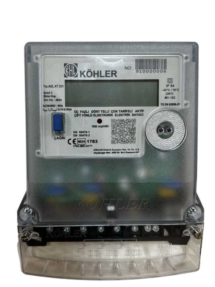 Köhler AEL.KT.021 Direk Bağlı Trifaze Çift Yönlü Elektrik Sayacı – 4 Tarifeli, Demantmetreli, Bina Dışı Kullanıma Uygun
