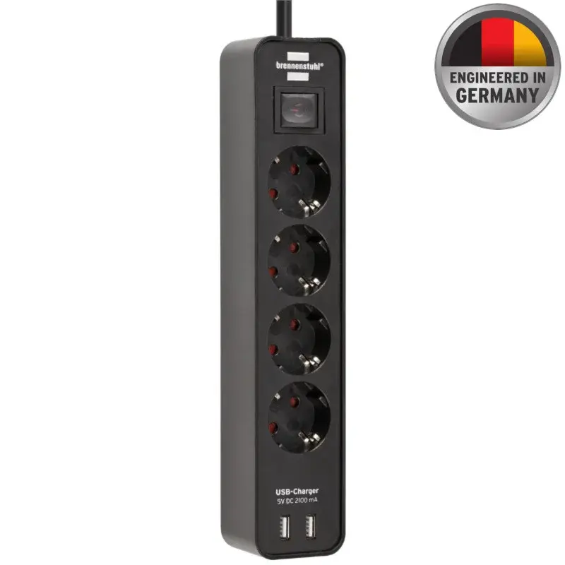 Brennenstuhl Ecolor Serisi 4 Soketli Uzatma Kablosu - 2 USB Hızlı Şarj Özellikli, 1.5 Metre, Siyah